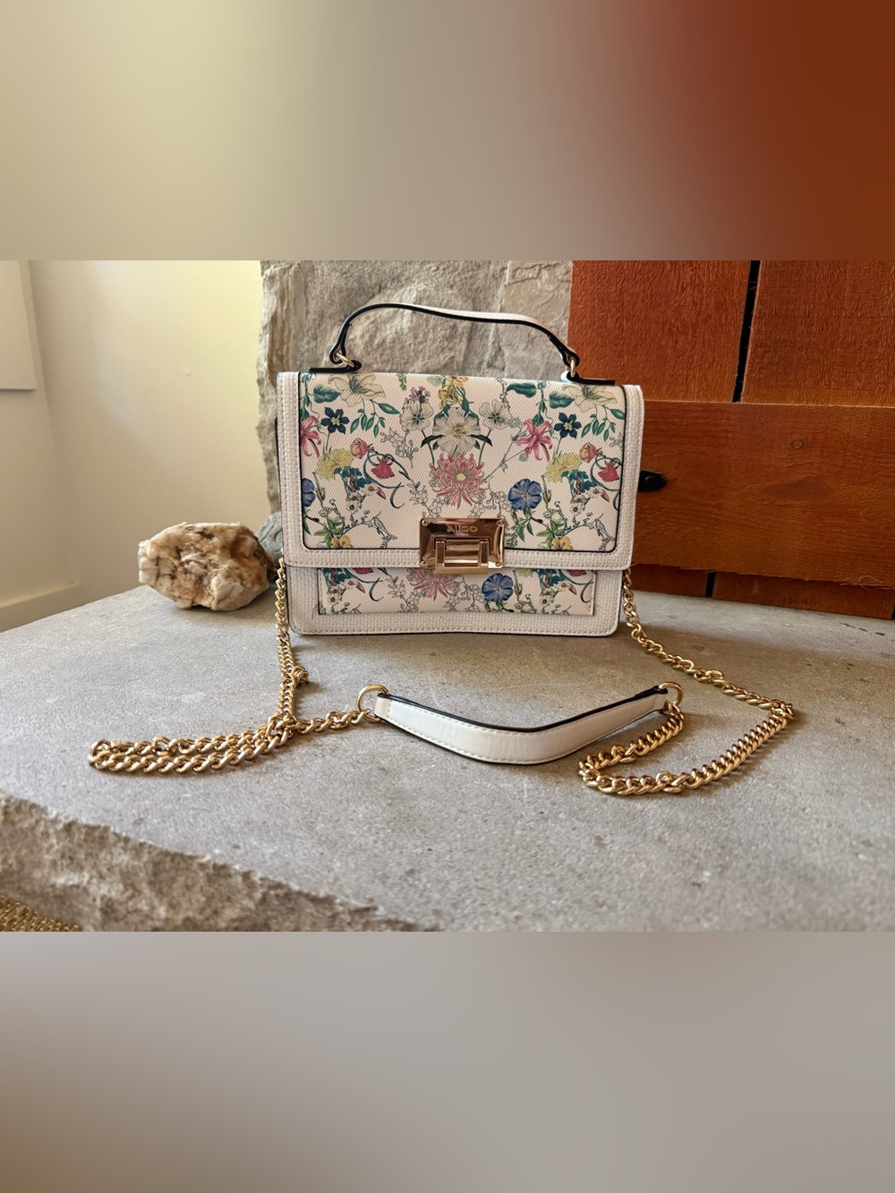 Aldo White Floral Shoulder Bag Purse Crossbody with Gold Chain